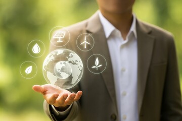Man in suit holding globe with renewable energy icons floating above hand in blurred outdoor setting