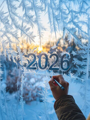 Marking a New Beginning: Hand Writing '2026' on a Frosted Winter Window as a Symbol of New Year Hopes and Future Plans
