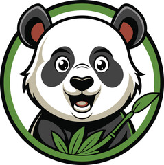 Cute cartoon panda bear with bamboo in a green circle logo