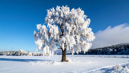 A solitary tree, frosted white, stands in a snowy field under a vibrant blue sky