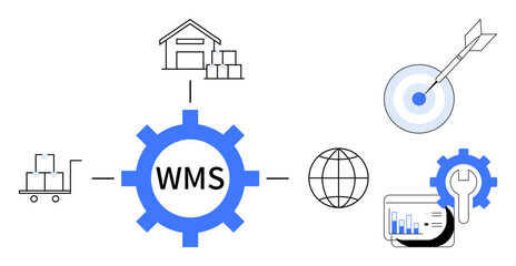 Gear labeled WMS links warehouse, cart, global network, target, and analytics, representing logistics, efficiency, supply chain and productivity. Ideal for business data logistics inventory