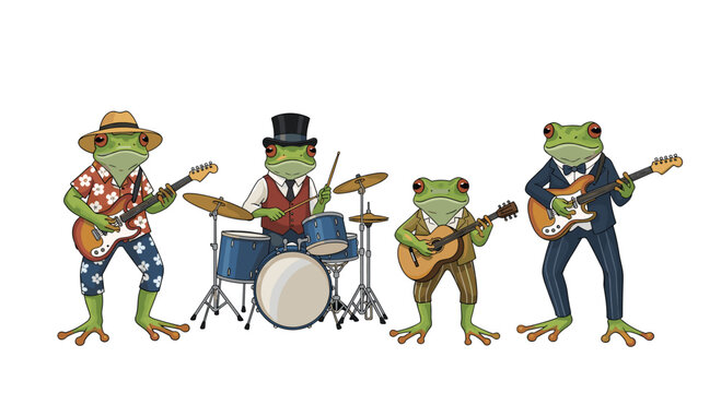 Groovy frog band performing live music with electric guitars and drums in fun cartoon style for entertainment and whimsical designs, great for children's content