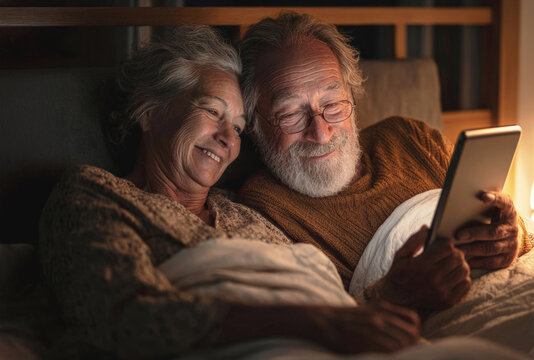 Happy senior couple relaxing in bed at night, smiling while using a digital tablet together, enjoying warm light, comfort and shared screen time in a cozy bedroom setting.