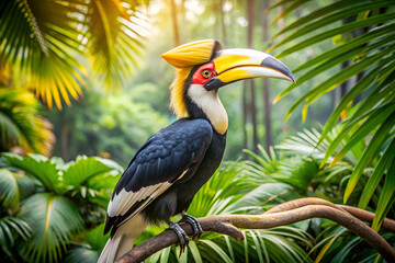 The majestic profile of a great hornbill perched on a winding branch, its vibrant casque illuminated by golden sunlight in a lush tropical jungle