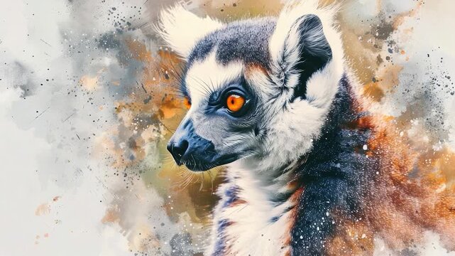 Video clip A close-up portrait of a lemur with bright orange eyes, showcasing its unique features