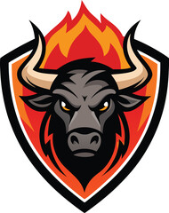 Fierce bull head emblem with fiery flames and shield