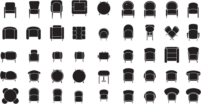  Furniture top view icon pack featuring chairs and seating silhouettes. Ideal for interior design and architectural planning..