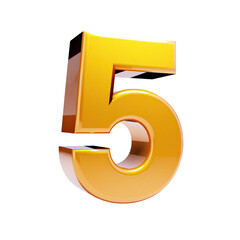 Shiny, golden 3D rendered number five with bright highlights against a black background