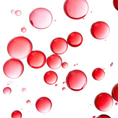 Crimson spheres float against a black background, varying in size and shading