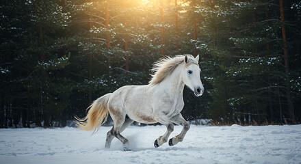 Majestic white horse gallops through a snowy landscape, its coat gleaming in the sunlight, creating a winter wonderland scene