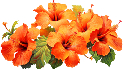 Cluster of vibrant orange hibiscus flowers isolated on a transparent white background, clipping path
