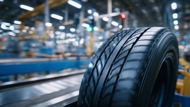 High-resolution macro image of tire tread patterns with reflections, showcasing conveyor belt movement and quality control sensors in an industrial setting.