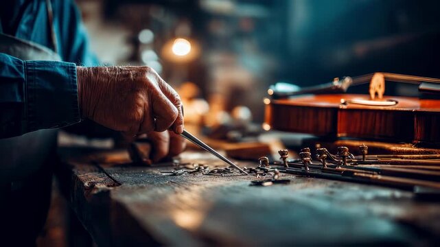 Focused view of a luthier sharpening violin fine tuners with the rest of the repair workspace elegantly blurred to emphasize the meticulous work.