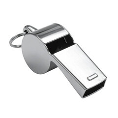 A shiny, silver metal whistle with a key ring attached against a dark background