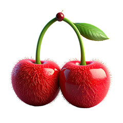 Two bright red cherries with stems and a green leaf on a black background