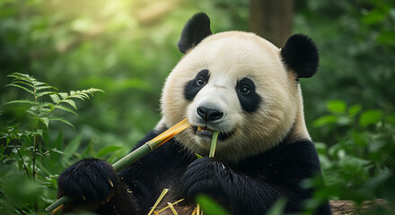 Fototapeta premium A giant panda is sitting in the forest and eating bamboo with a blurred background of green trees