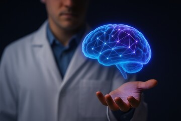 Doctor holding a glowing blue brain with connected nodes in his hand on a dark background scene