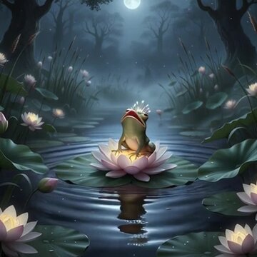 Cartoon illustration of a curious frog sitting on a lily pad in a moonlit pond at night