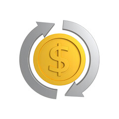 A gold coin with a dollar sign inside a circle made of two grey arrows