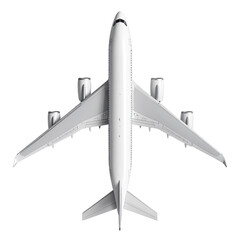 Overhead view of a large, white passenger airplane with four engines, isolated on black