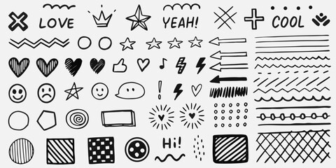 Collection of hand drawn doodle elements including hearts stars smiles and arrows on white background