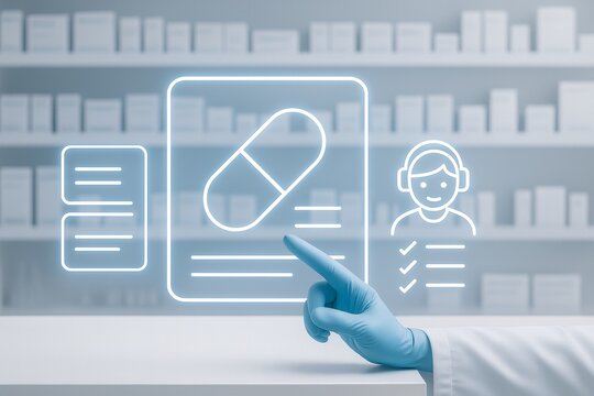 Gloved hand points to digital pharmacy interface with prescription and support icons on shelves background