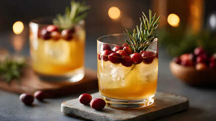 Festive cranberry cocktail with rosemary garnish, perfect for holiday celebrations.