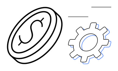 Coin with dollar sign and gear representing investment, efficiency, strategy, management, progress, financial development, and collaboration. Ideal for business, finance automation productivity