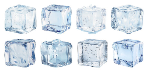 Obraz premium PNG Crystal clear ice cubes, element set on transparent background