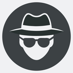 Anonymous figure wearing a fedora hat and sunglasses in a circle, Stylized, minimalist illustration of a mysterious in a fedora hat, sunglasses, and trench coat, representing espionage or anonymity.