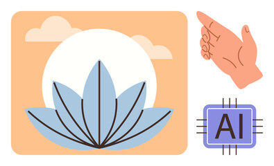 A hand pointing at a microchip labeled AI, a lotus flower with the sun in the background. Ideal for themes thumbs up technology, mindfulness, innovation, nature, balance, meditation simplicity. A