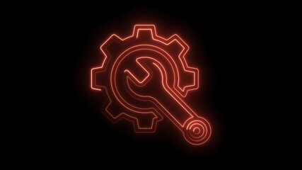 Neon style gear and wrench isolated on black background repair concept animation