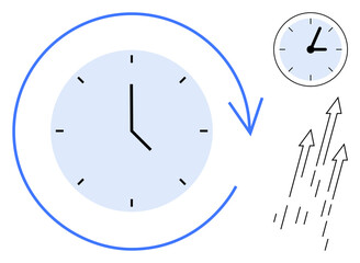 Large clock with a circular arrow suggesting time organization and smaller rising arrows denoting progress. Ideal for time management, productivity, goals, growth, efficiency, development, simple