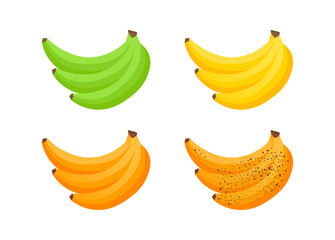 Bananas showing ripening stages from green to brown spots
