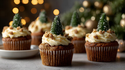 Festive cupcakes with Christmas tree decorations on a table.