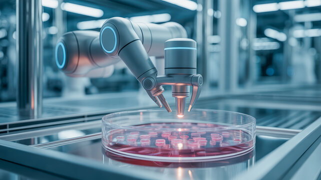 Robotic arm surgical robot medical automation lab equipment petri dish cell culture sterile precision biotech laboratory