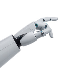 Robotic hand, composed of white metal, gesturing towards the right, isolated on black background