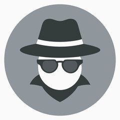 Anonymous figure wearing a fedora hat and sunglasses in a circle, Stylized, minimalist illustration of a mysterious in a fedora hat, sunglasses, and trench coat, representing espionage or anonymity.