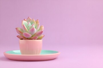 Pastel colored succulent echeveria in a pink ceramic pot with a turquoise saucer sitting on a lilac surface