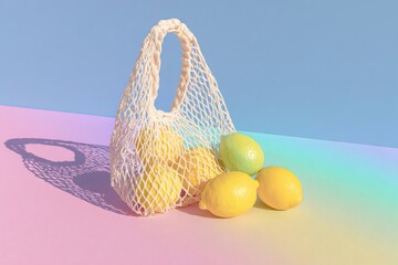Lemons filling a reusable net bag, sitting on a colorful pastel gradient surface, depicting fresh fruit and sustainable groceries