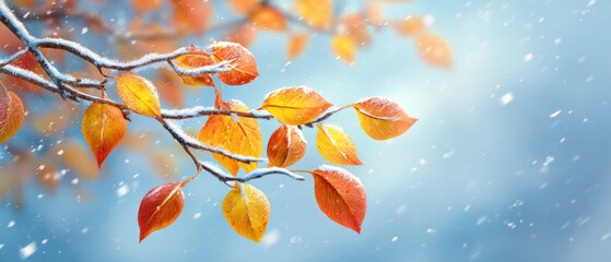 The delicate art of seasons: autumn's finale under a blanket of snow. Advertising photo. Nature's transition: leaves draped in snow with a soft, light blue backdrop. Glamour photo.