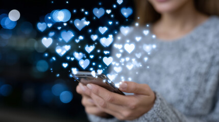 Artistic macro shot of womanâs hand holding phone with holographic icons of hearts and likes emerging from screen, futuristic digital interface aesthetic