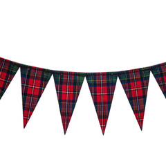 Festive triangular pennant bunting; red, green, and blue plaid pattern. Dark background