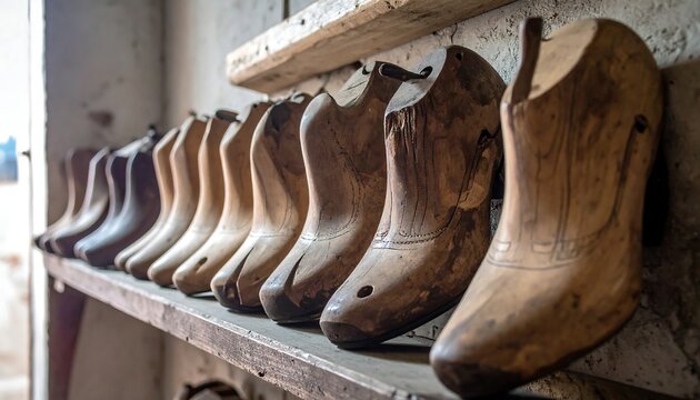 Aged wooden shoe lasts on a shelf