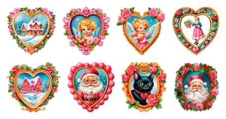 PNG Vintage heart-shaped holiday illustrations, element set on transparent background