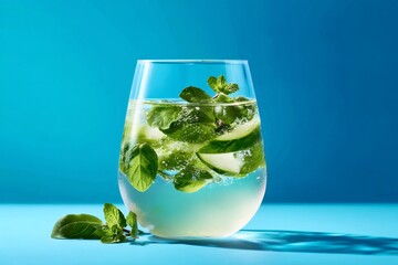 Refreshing summer detox drink with fresh mint, cucumber, and sparkling water on a vibrant blue background