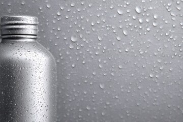Refreshing silver metal bottle with water droplets, showing condensation on a cooling surface, hydration concept