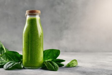 Green detox smoothie in a corked glass bottle, surrounded by fresh spinach leaves, promoting health, nutrition, and wellness