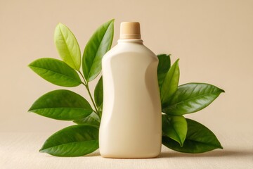 Sustainable product mockup featuring a blank beige bottle with green leaves on a minimal background, focusing on natural and eco friendly concepts