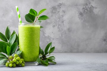 Fresh green healthy smoothie drink with straw and leaves illustrating healthy lifestyle and detoxification